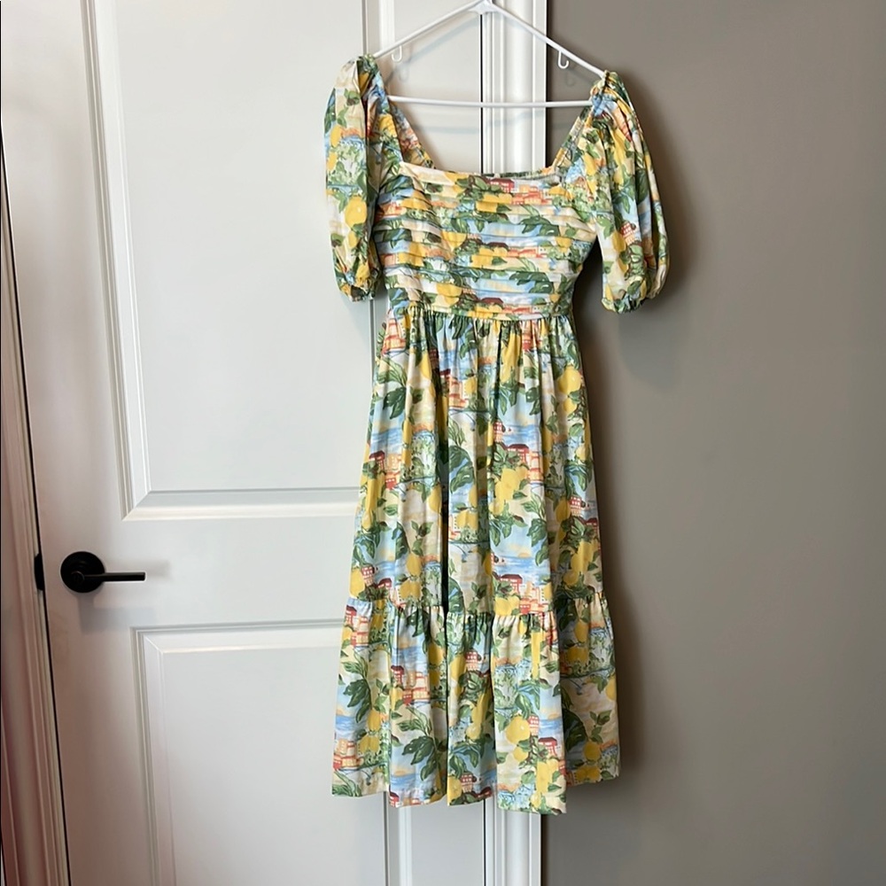 Abercrombie & Fitch Yellow Green Puff Sleeve Midi Dress